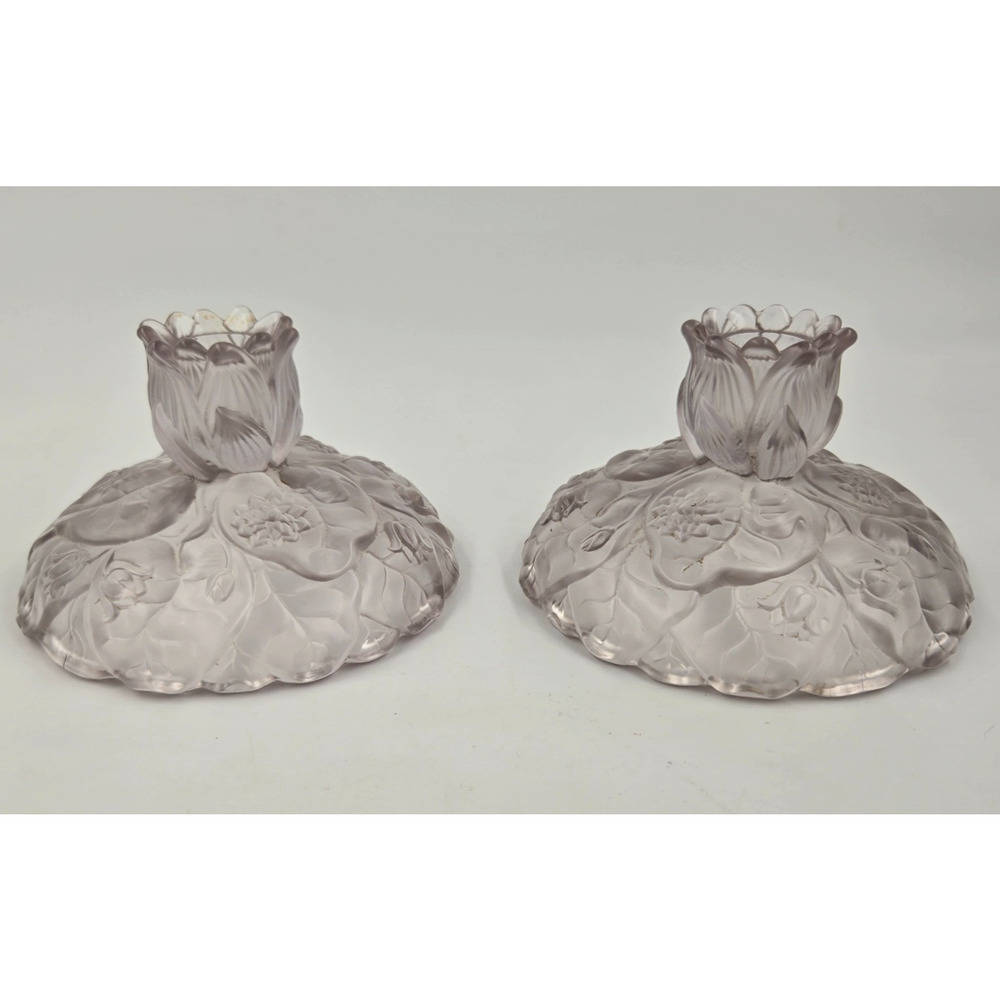 2 Fenton Glass Candle Holders Water Lily Iridescent SATIN LIGHT PURPLE LILAC